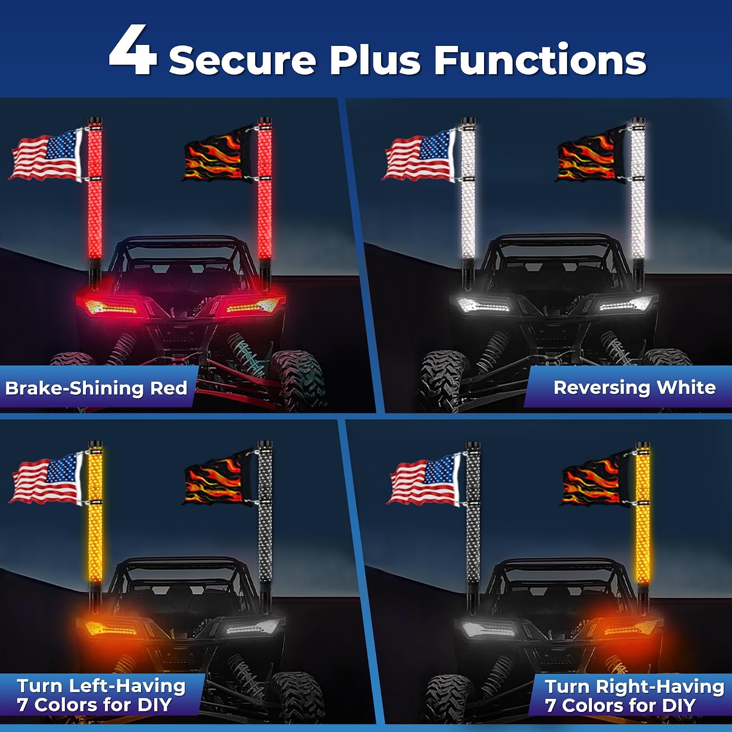 2 Pack 3FT Fat Whip Lights with App & Remote Control, Spiral RGB Chasing Lighted with Kill Switch, Side by Side Whip Lights with 4 Flags for UTV ATV SXS Truck, Multi Color, Waterproof, Music Mode