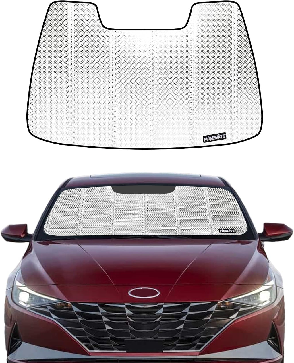 Pigenius Windshield Sun Shade for Hyundai Elantra 2021-2026. Reflective Aluminum Film Front Window Sunshade - BLAZBLOCK