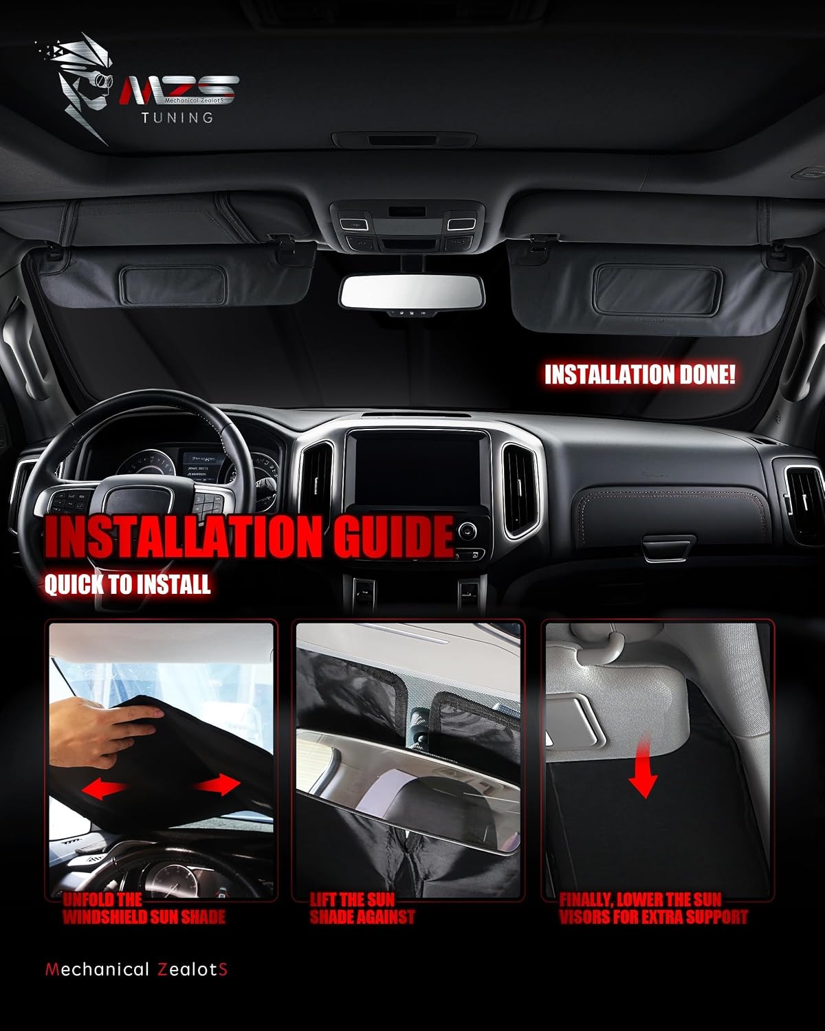 MZS Windshield Sun Shade Compatible with F250 F350 F450 F550 F600 2023-2026, Foldable Truck Sun Shade Shield with Storage Pouch, Front Window Visor Sunshade Accessories for Interior Protector