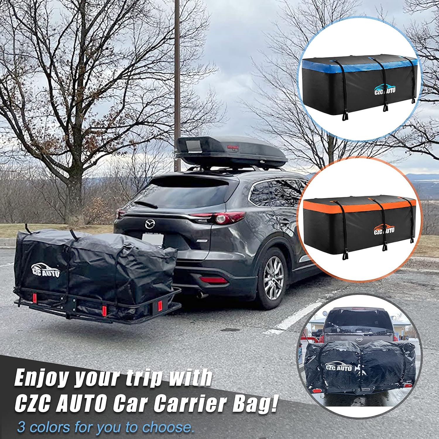 CZC AUTO Hitch Cargo Carrier Bag, 20 cu. ft Waterproof/Rainproof/Weatherproof Cargo Traveling Bag for Car Truck SUV Vans' Hitch Trays and Hitch Baskets, Safe Steady Durable Soft (Blue)