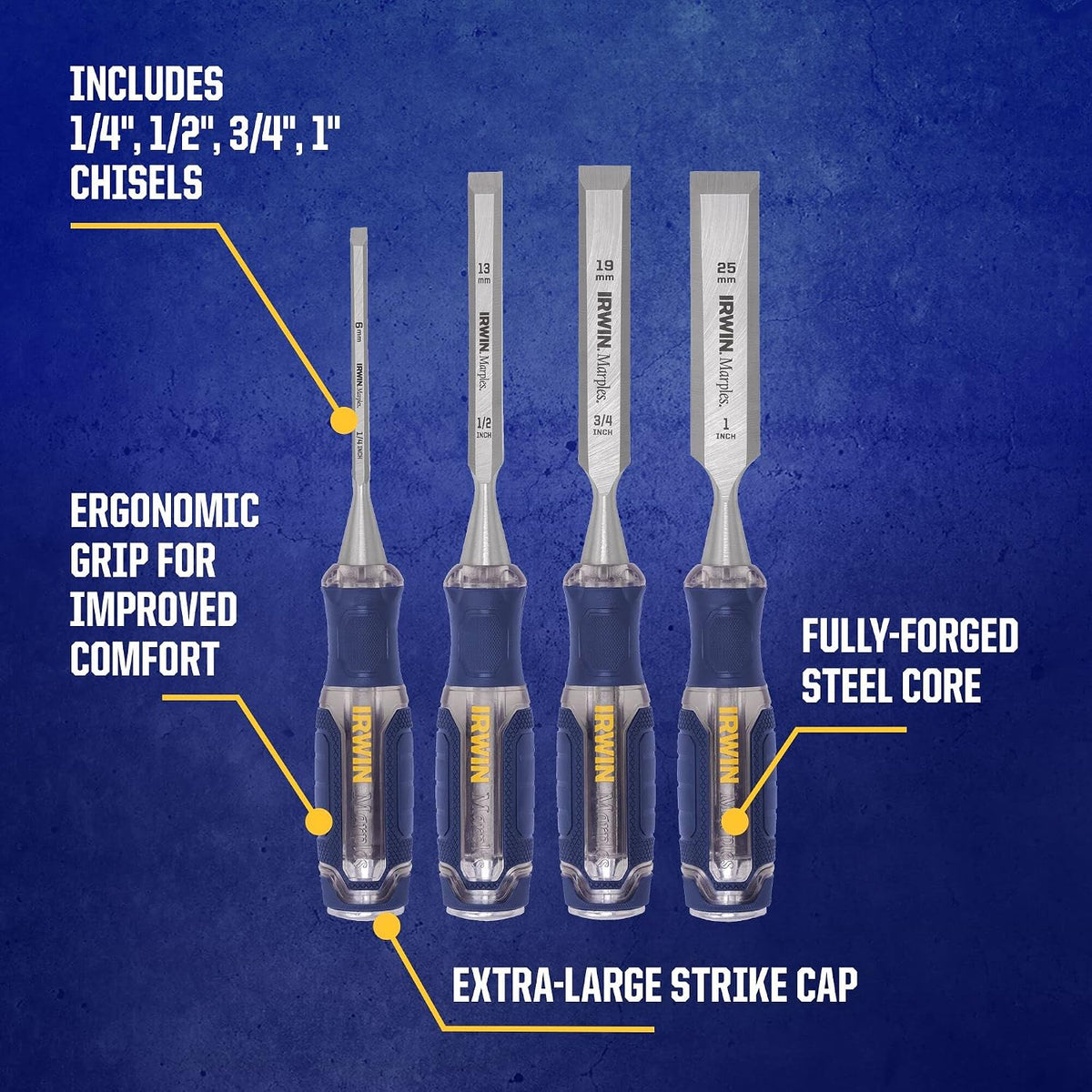 irwin chisel set, woodworking, 4-pack, extra-long strike cap, side view
