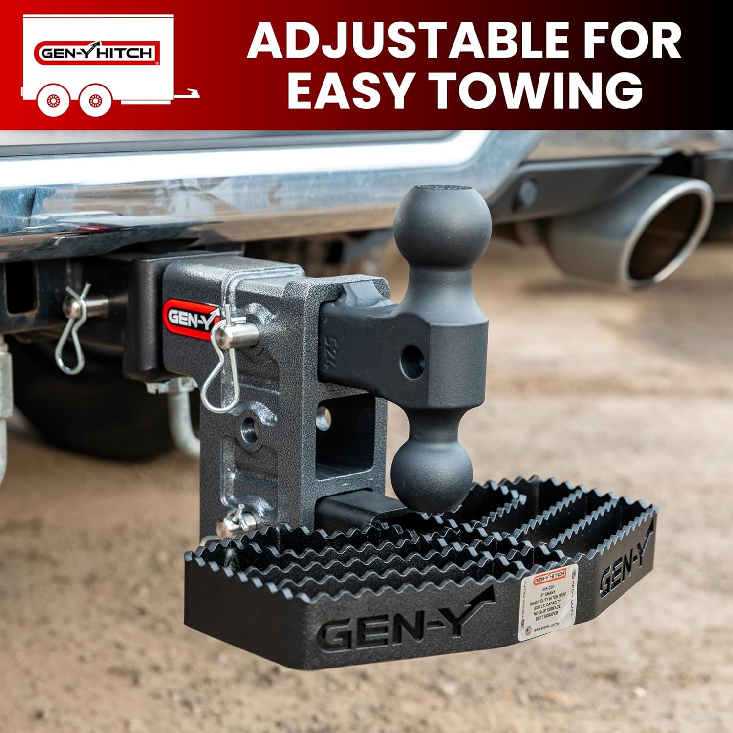 GEN-Y Hitch Serrated Hitch Step for 2.5-Inch Towing Receiver, Up to 500 LB Load Capacity with Serrated No Slip Surface, Textured Powder-Coat Finish, Black