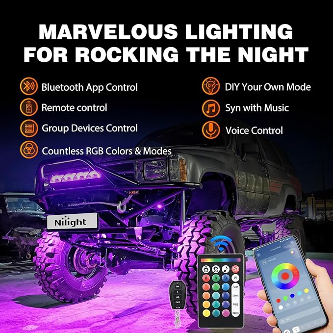Nilight RGB LED Rock Lights Kit 10 PCS 18LED Wide Angle Wheel Well Light - Image 3
