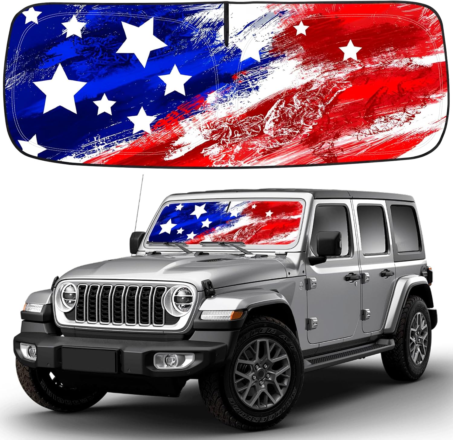 Shade Heat Shield for Jeep Wrangler Windshield Sun Shade,Art USA Flag Sunshade Compatible with Jeep Wrangler Tj Jk Jl Jku Jlu &Gladiator Jt Foldable Windshield Sun Visor Blocks UV Rays 1997-2025