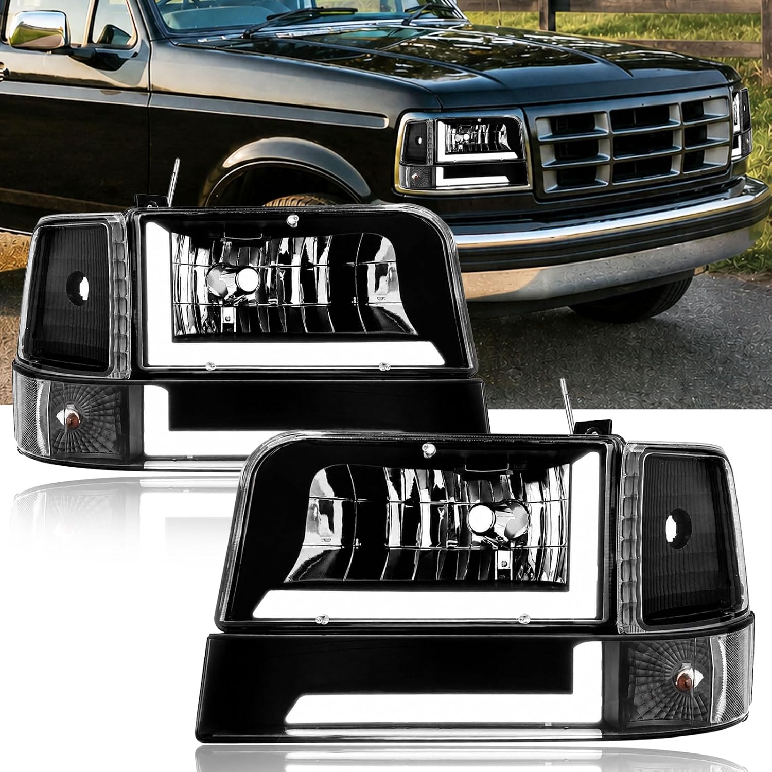 LED DRL Headlights Compatible with 1992-1996 Ford F150 F250 F350 & Bronco Replacements Headlamp Clear Reflector Black Housing