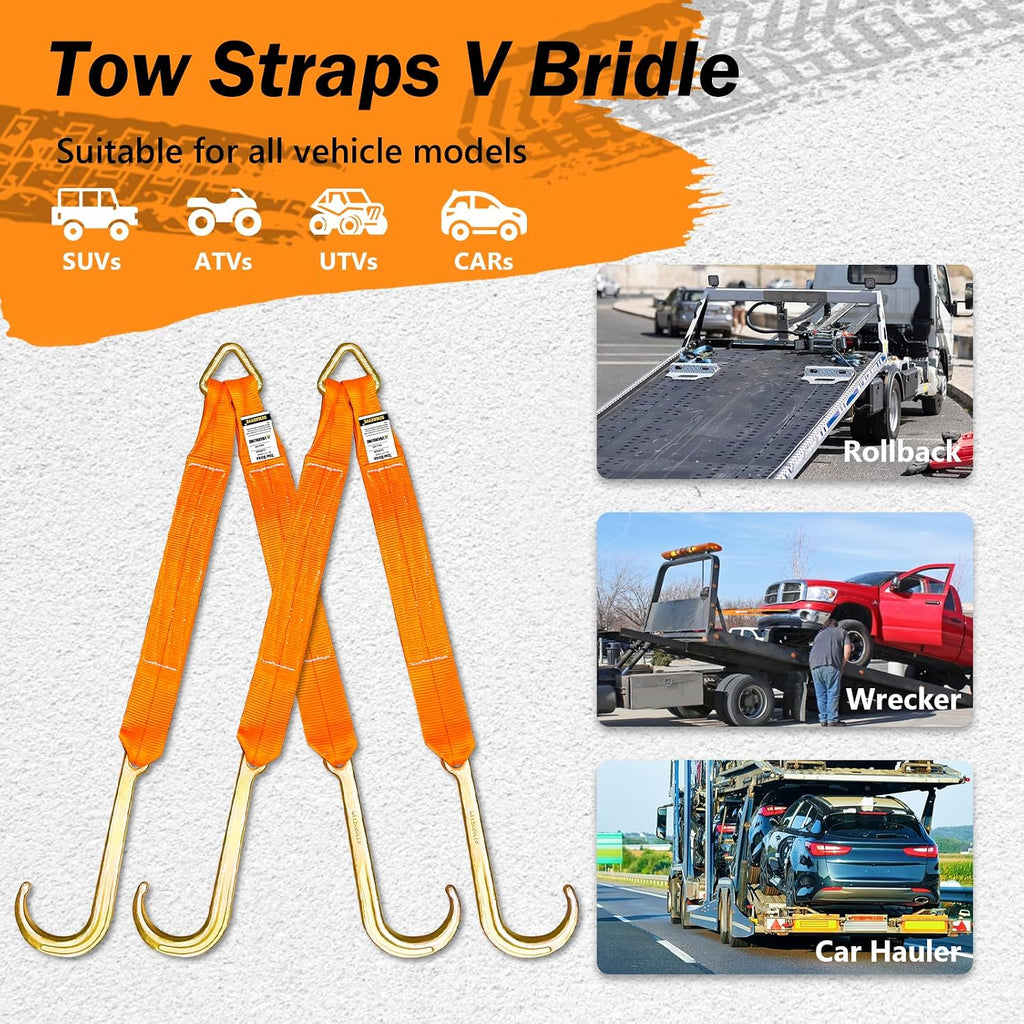 2 PCs 3" x 24" Recovery Tow V-Straps V Bridle w/15 J Hooks 5400LBS | 16200 LBS Breaking Capacity, 5/8" Forged Triangle Ring, Hi Viz/Hi Abrasion Webbing, Ideal for Wrecker Rollback Car Hauler