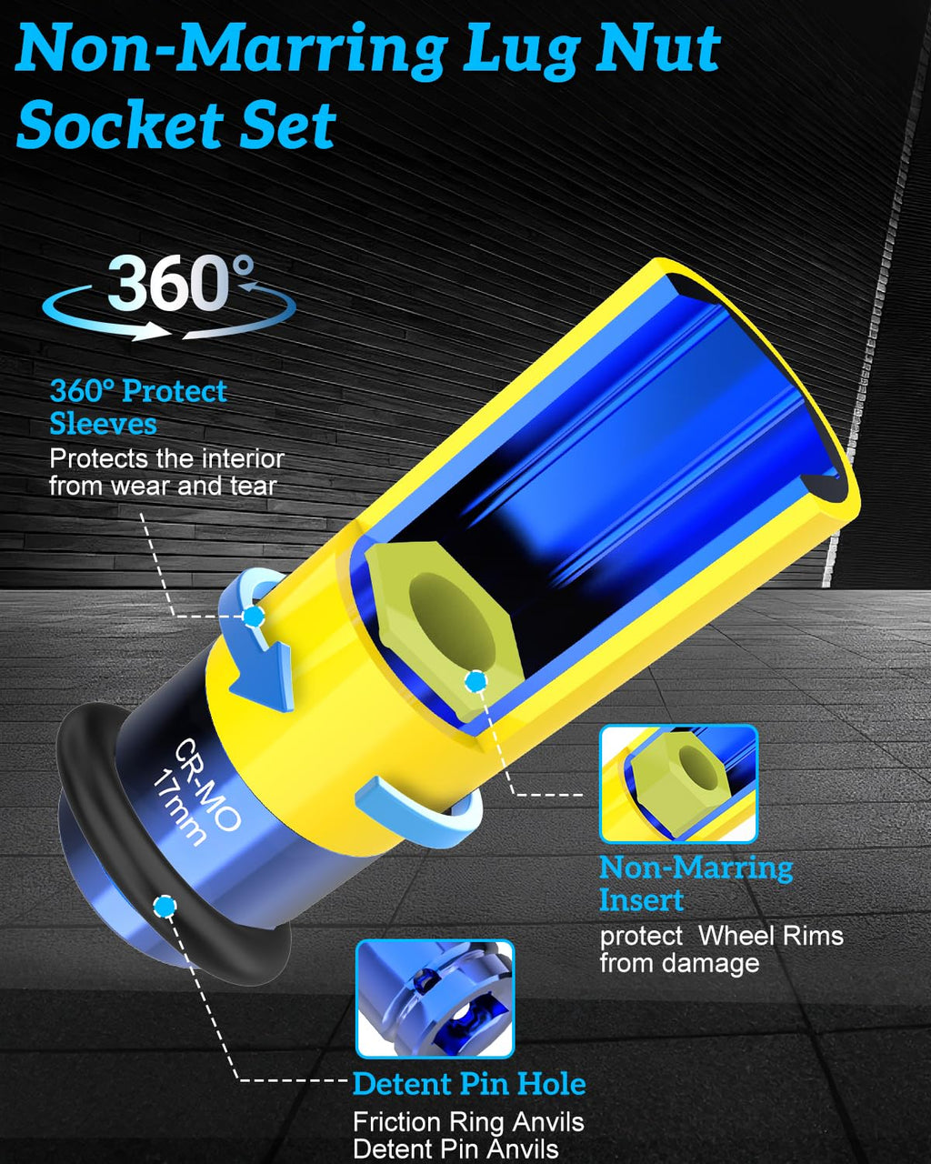 17mm Lug Nut Impact Socket,1/2" Drive Wheel Sockets | Non Marring, Thin Wall, Deep Socket, CR-MO