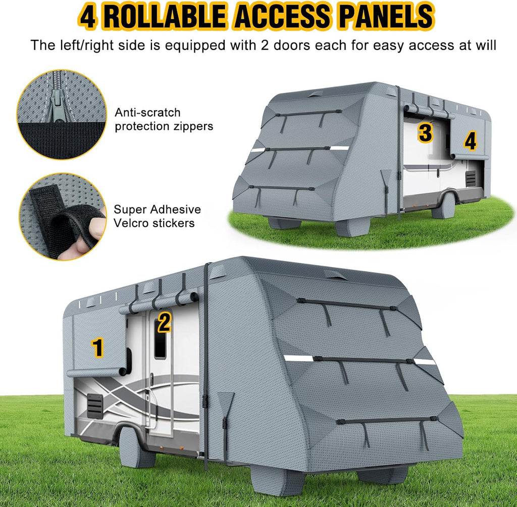 Class C RV Cover, 23'-26' Camper Cover, Upgraded 8-Layer UV Protected RV Cover, Wind and Water Resistant with Extra Harness, Tire Cover and Gutter Cover