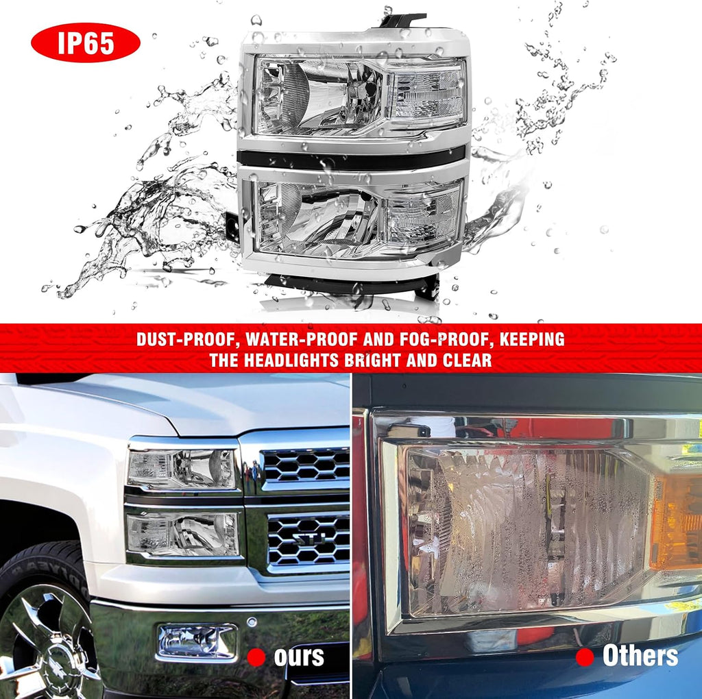 Headlight Assembly for 2014 2015 Chevy Silverado 1500 Chrome Housing with Clear Reflector Left and Right Pair（W/O Bulbs）