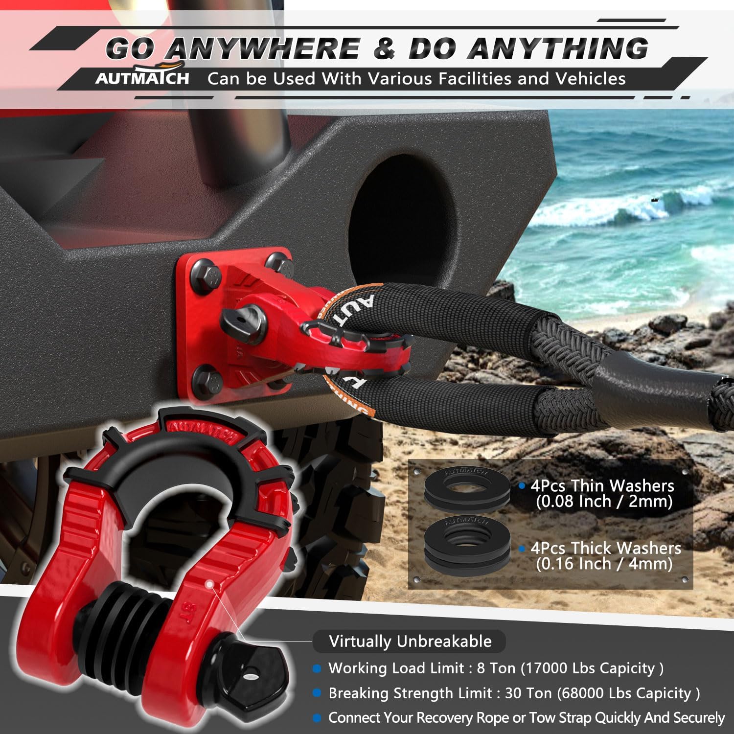 AUTMATCH D Ring Shackles 3/4" Mega Shackle (2 Pack) 68,000Ibs Break Strength - Heavy Duty Clevis Shackle 7/8" Screw Pin & Isolator Washer for Tow Strap Winch Off Road Vehicle Recovery, Red & Black