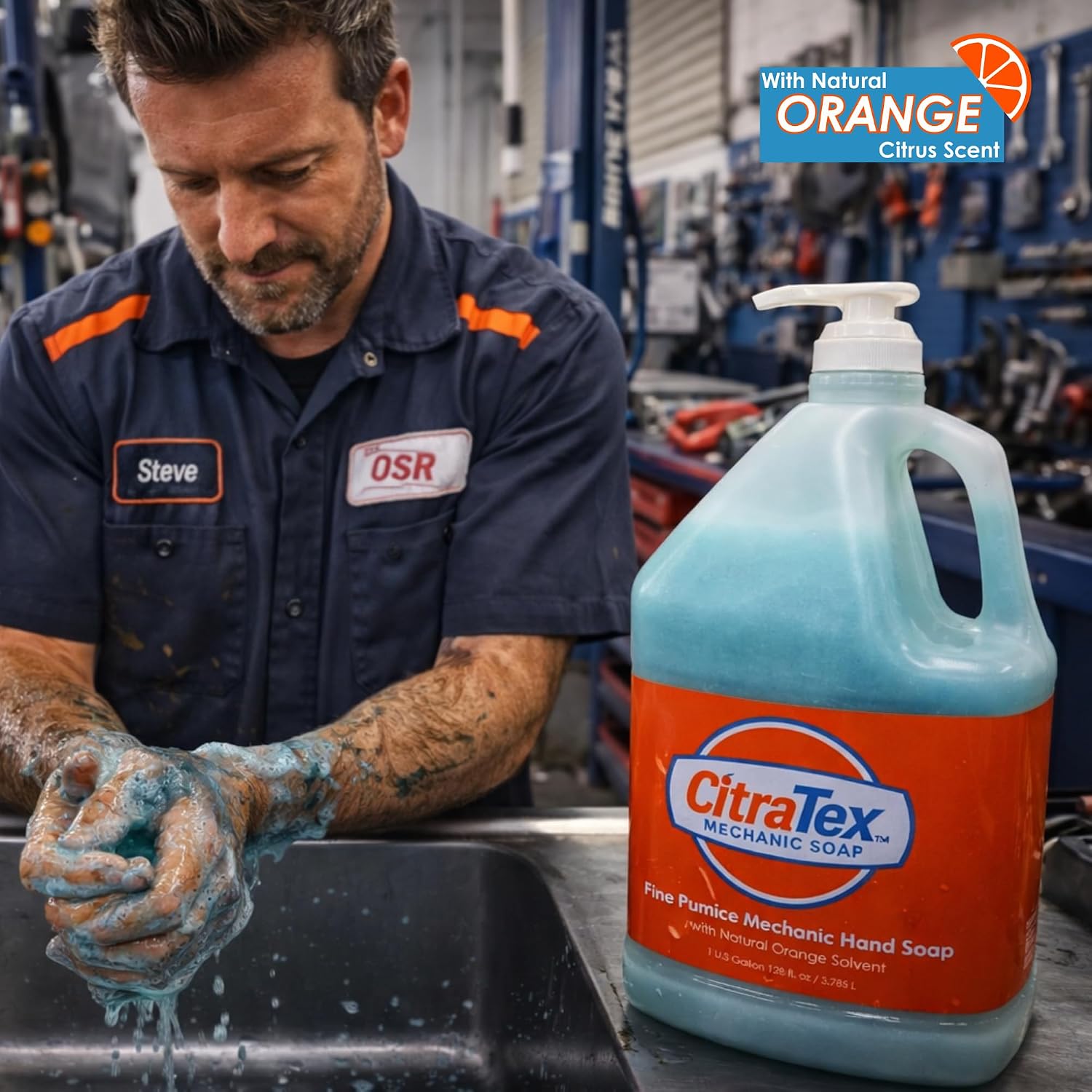 Heavy Duty Mechanic Hand Soap with Fine Pumice - Industrial Strength Hand Cleaner for Grease, Oil & Grime - Citrus Scented Soap for Automotive, Garage & Shop Use - Made in USA - 1 Gallon