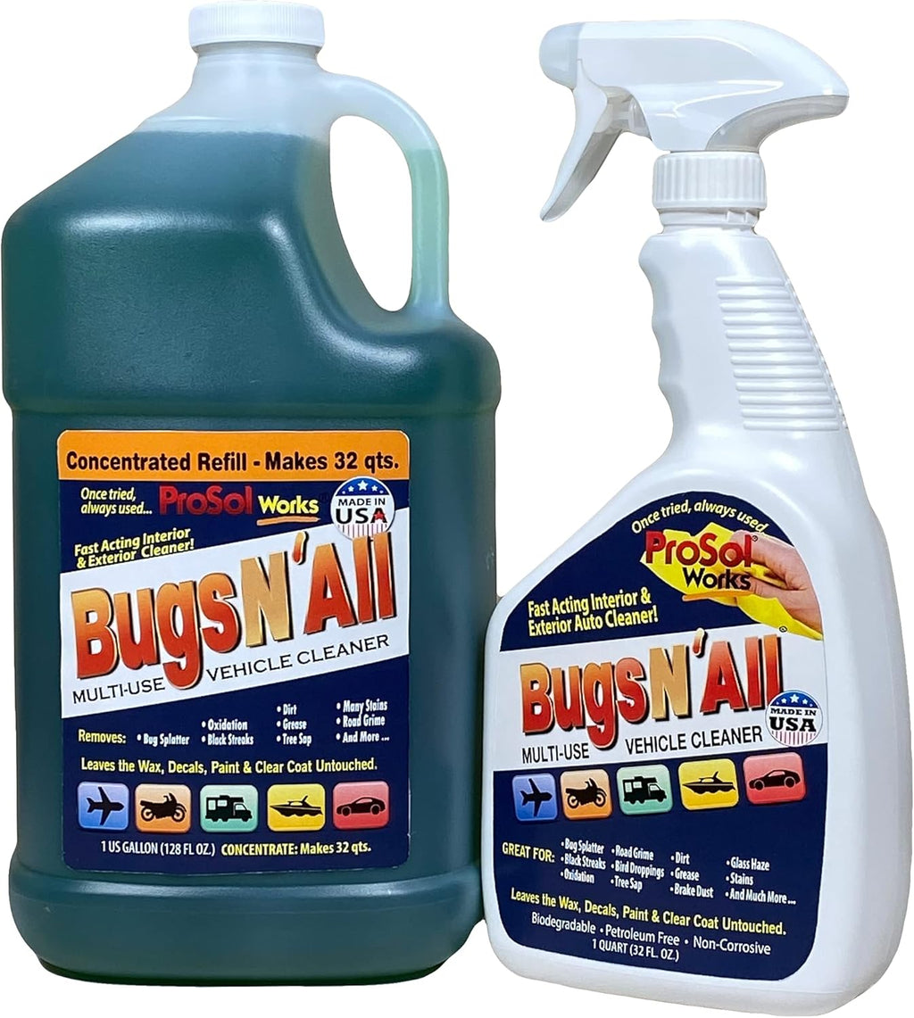 Bugs N' All Multi Surface Cleaner Spray Concentrate 1 Gal. w/Empty Cleaning Spray Bottle 32 oz. & Bug Sponge for Car Washing - Mutli-Vehicle Cleaning - Bug & Tar Remover for all Vehicles