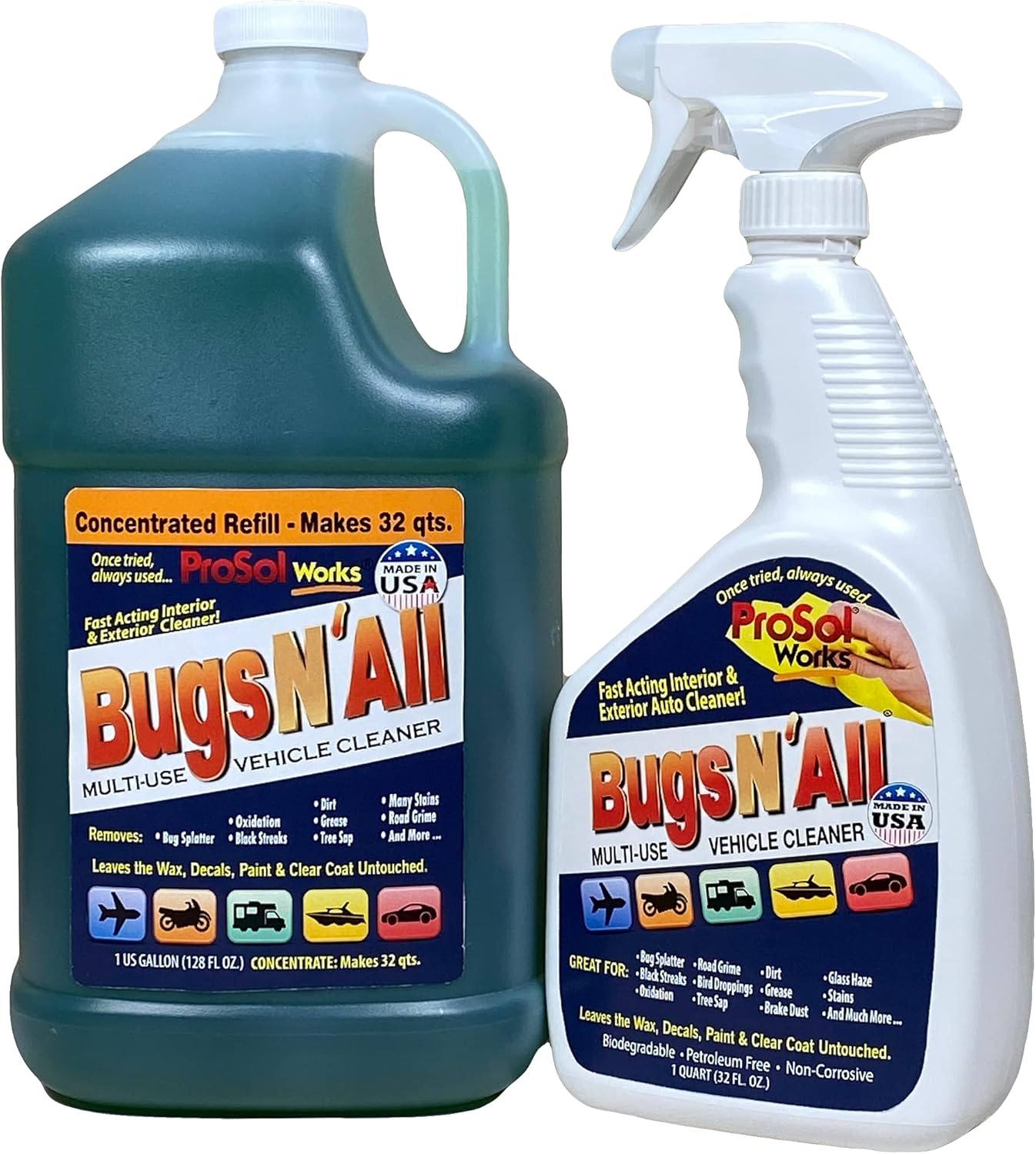 Bugs N' All Multi Surface Cleaner Spray Concentrate 1 Gal. w/Empty Cleaning Spray Bottle 32 oz. & Bug Sponge for Car Washing - Mutli-Vehicle Cleaning - Bug & Tar Remover for all Vehicles