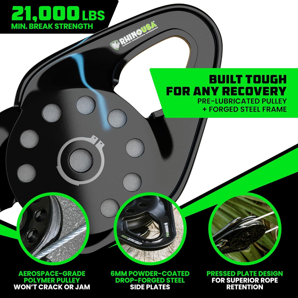 Rhino USA Snatch Block for Winch Recovery - Heavy Duty 13.5 Ton Break Strength - Compact Offroad Accessory for Jeep, Truck, UTV, ATV - Use with Tree Saver Tow Strap (Snatch Block)