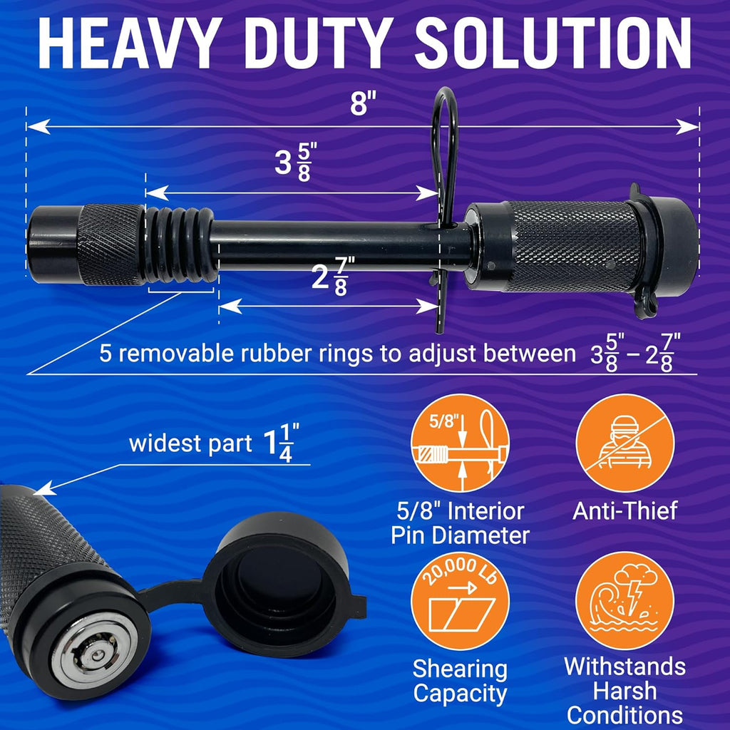 Better Boat Lockable Hitch Pin Lock 5/8 Inch, Keyed for 2 Inch Receiver, Trailer Tow and Bike Rack, 3.5 Inch Pin, Towing Accessories