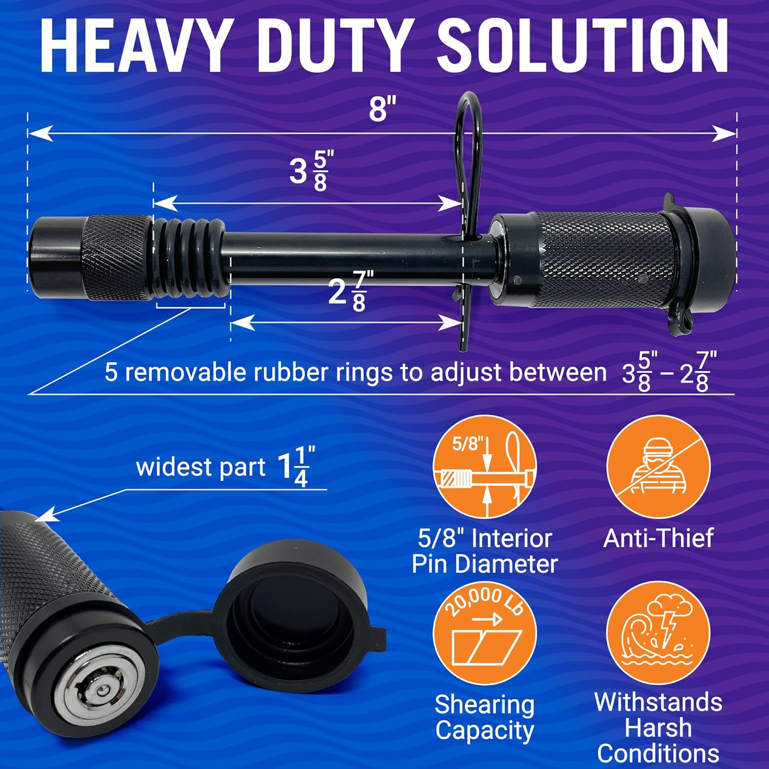 Better Boat Lockable Hitch Pin Lock 5/8 Inch, Keyed for 2 Inch Receiver, Trailer Tow and Bike Rack, 3.5 Inch Pin, Towing Accessories