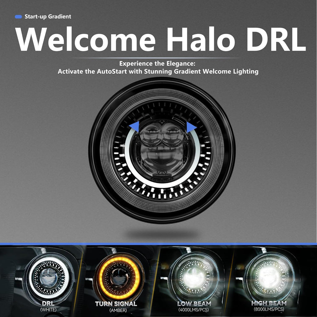 HWSTAR New 1000% Bright Anti-glare 7 Inch Led Headlights Round Compatible with Jeep Wrangler JK JKU TJ LJ Chevy Ford GMC etc w/Starry DRL Start-up Gradient Halo Turn Signal H6024 DOT Hi/Lo Sealed Beam