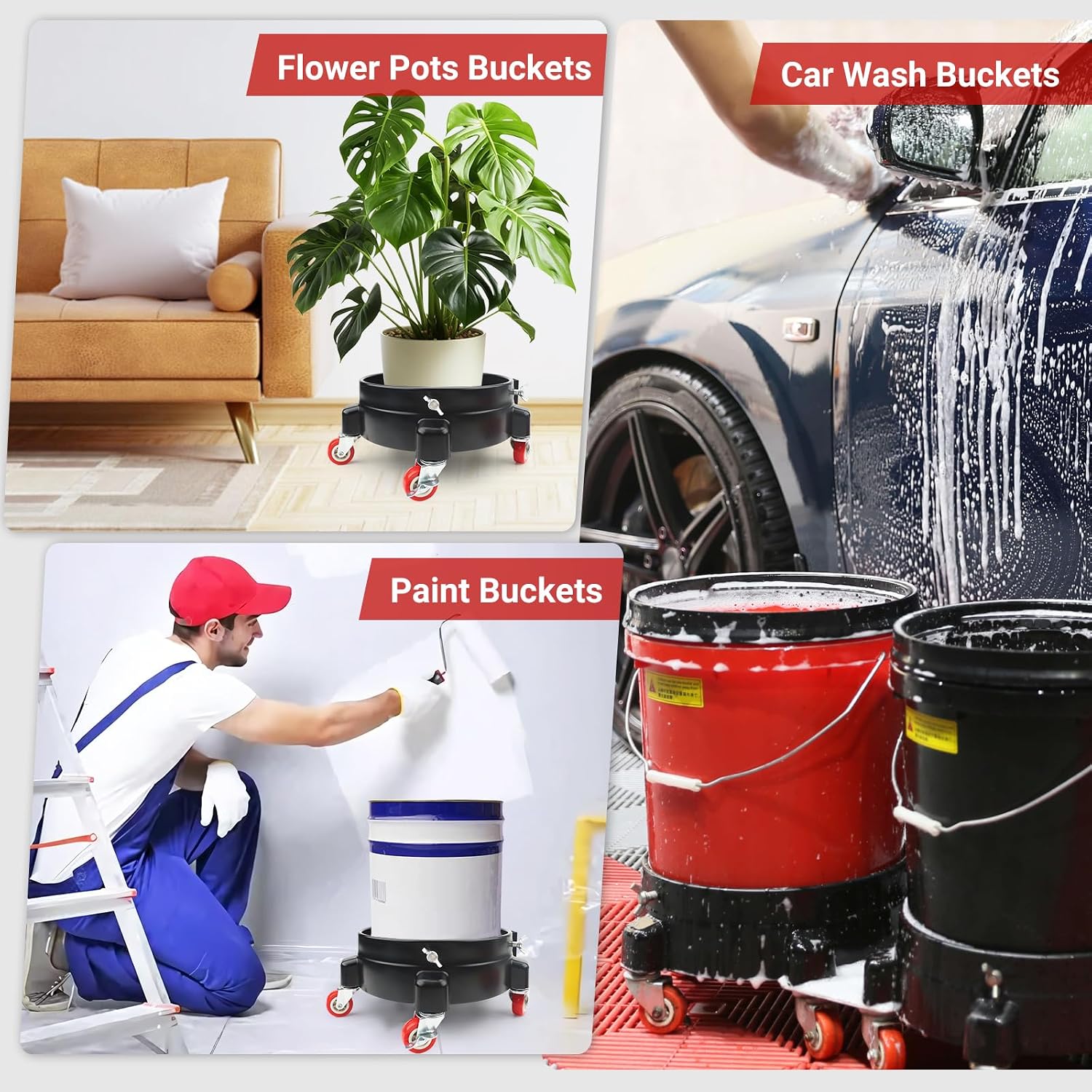 Bucket Dolly 5 Gallon with Wheels,360°Rolling Car Wash Bucket Roller | For 2.5–5 Gallon Buckets – Includes Bucket Insert, Cleaning Brush, Holds 300 lbs – for Washing & Waxing