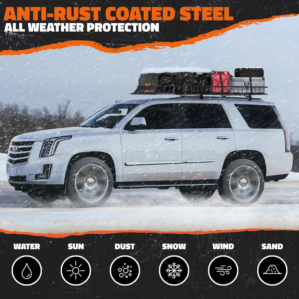 Mockins 90"x50"x6" XXL Heavy Duty Roof Rack Cargo Basket 2-Size Extendable | 250 Lbs Cap Steel Luggage Carrier for Car Rooftop Set w/ Straps| All-Weather Roof Cargo Carrier for SUV, RV, & Large Vehicles