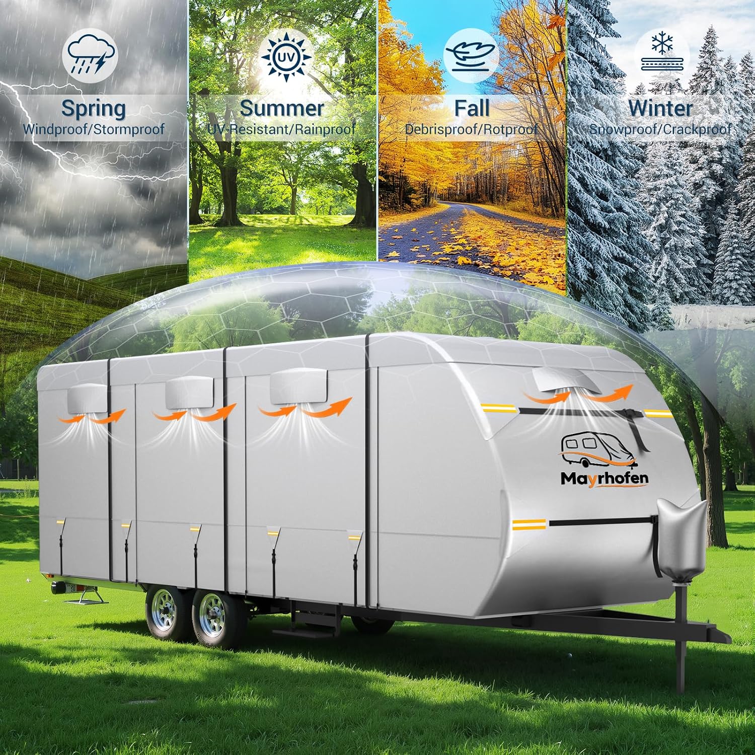 600D Oxford Fabric RV Cover 24-27ft Travel Trailer Cover, 6 Layers Waterproof Rip-Resistant Anti-UV Motorhome Camper Cover with Tongue Jack Protection, Tire Covers, Windproof Straps