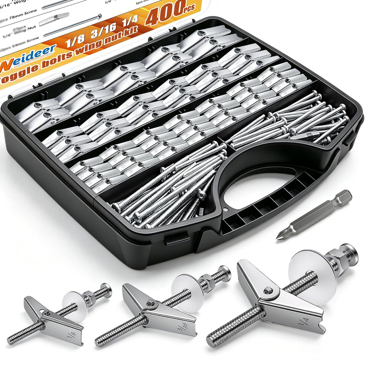 weideer 400pcs toggle bolts 1/8" 3/16" 1/4" heavy, main product view