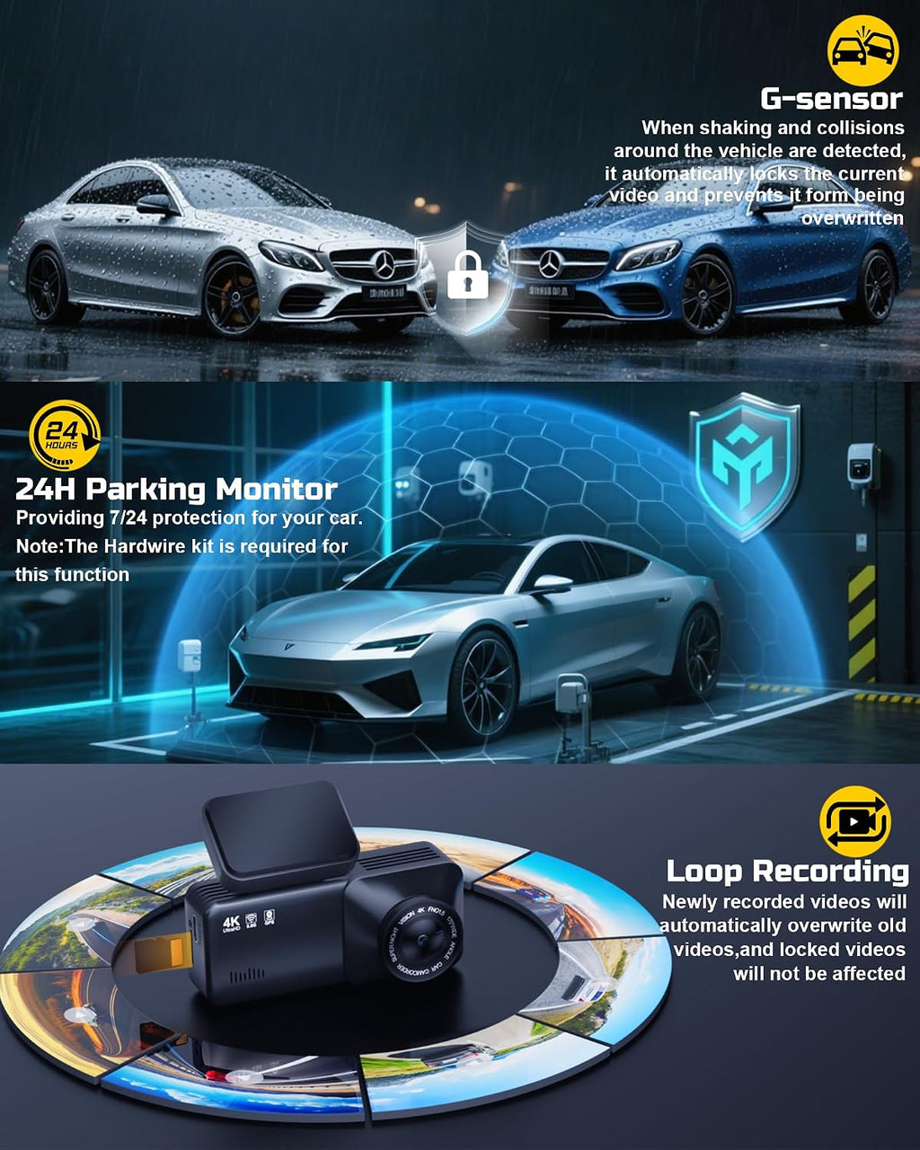4k dash cam front, built-in 5.8g wifi, free, package contents
