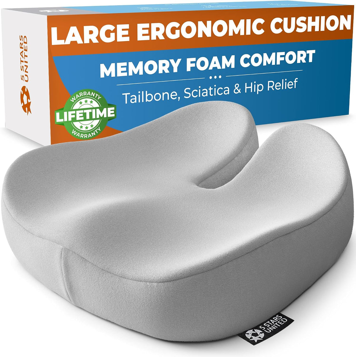 5 STARS UNITED Seat Cushion for Tailbone Pain Relief – Large Memory Foam