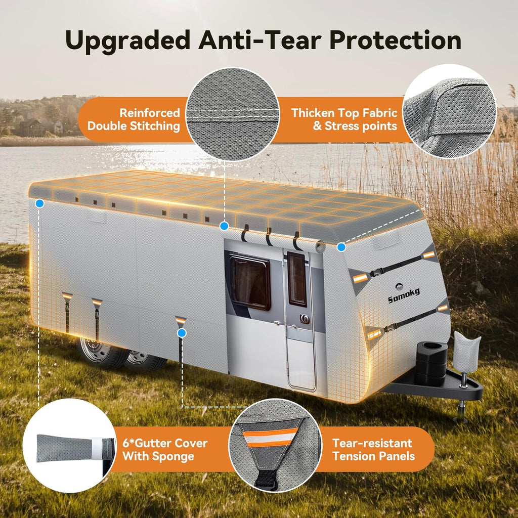 Travel Trailer Cover 27-30 FT, Heavy Duty 7-Layer RV Cover, Rip-Stop Camper Cover, Windproof with 5+2 Straps, UV & Snow Protection, Fits Rooftop A/C