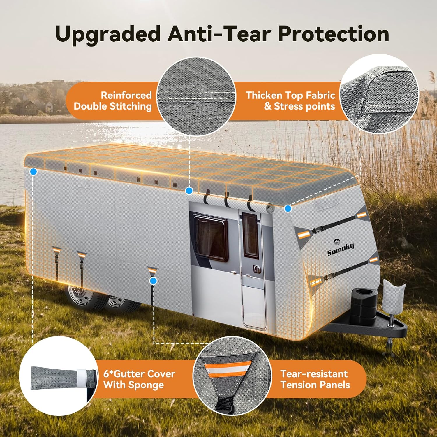 Travel Trailer Cover 27-30 FT, Heavy Duty 7-Layer RV Cover, Rip-Stop Camper Cover, Windproof with 5+2 Straps, UV & Snow Protection, Fits Rooftop A/C