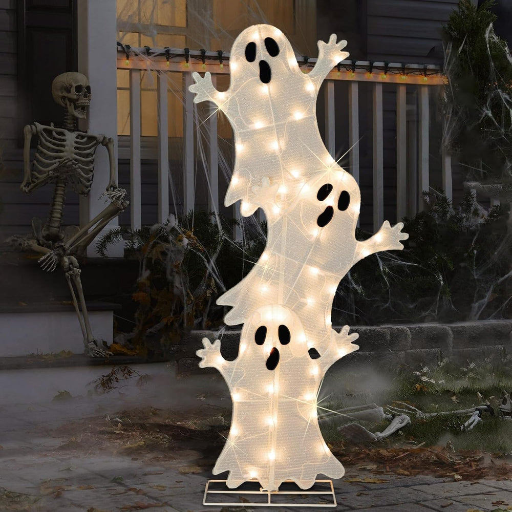 Halloween Lighted 3 Stacked Ghosts, 42’’ H Pre-Lit Lighted Ghosts with 50 War...