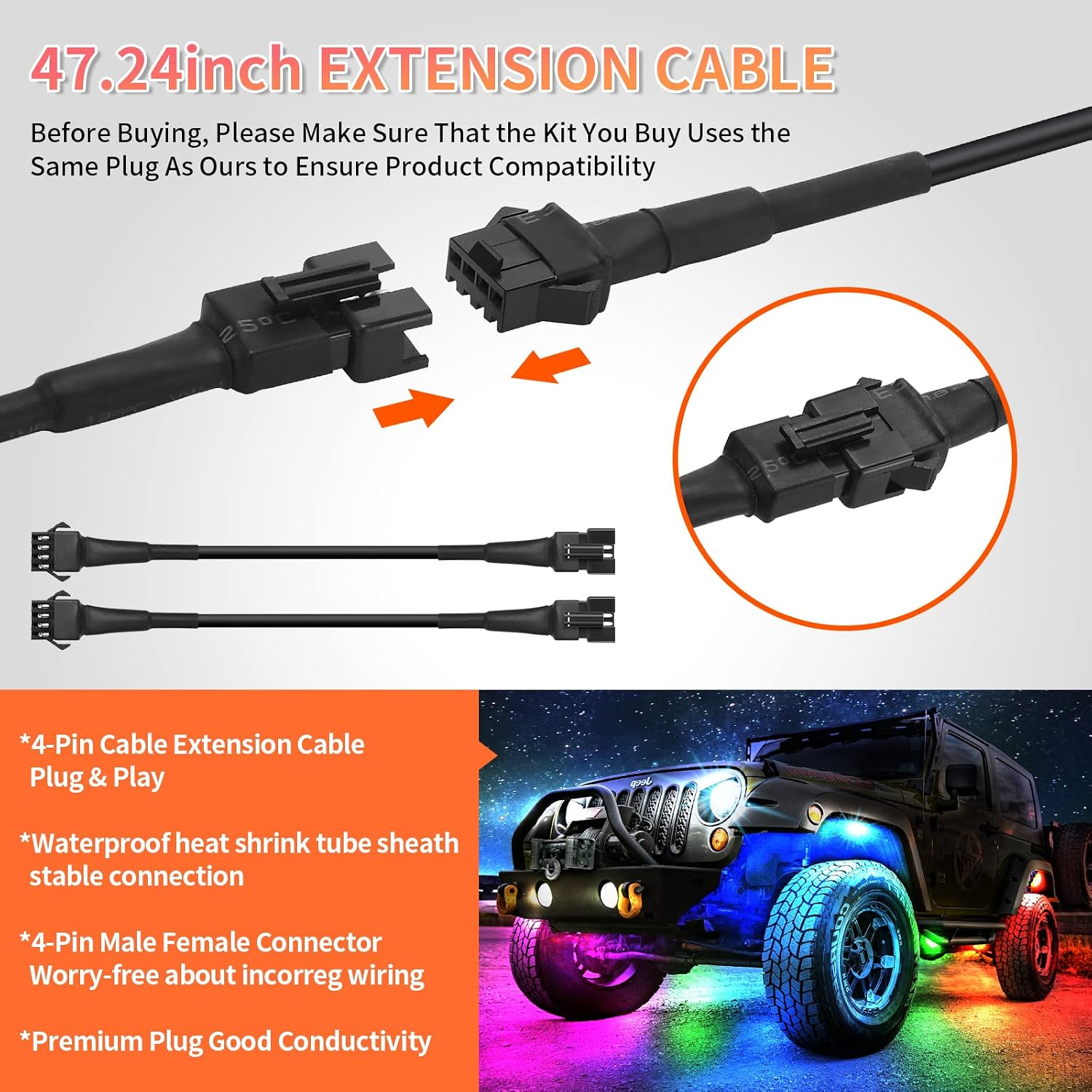 4PCS 47inch/3.93FT RGB LED Rock Lights Extension Cables Wire Cord 4PIN Snap-on Connector Underglow Lights Multi-Color Waterproof 12V for Trucks Jeep UTV ATV Golf Cart Offroad SXS RZR