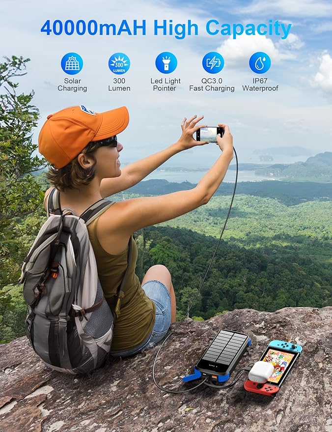 Solar Charger Power Bank, 40000mAh Portable Phone Charger Built in 4 Cables - Image 2