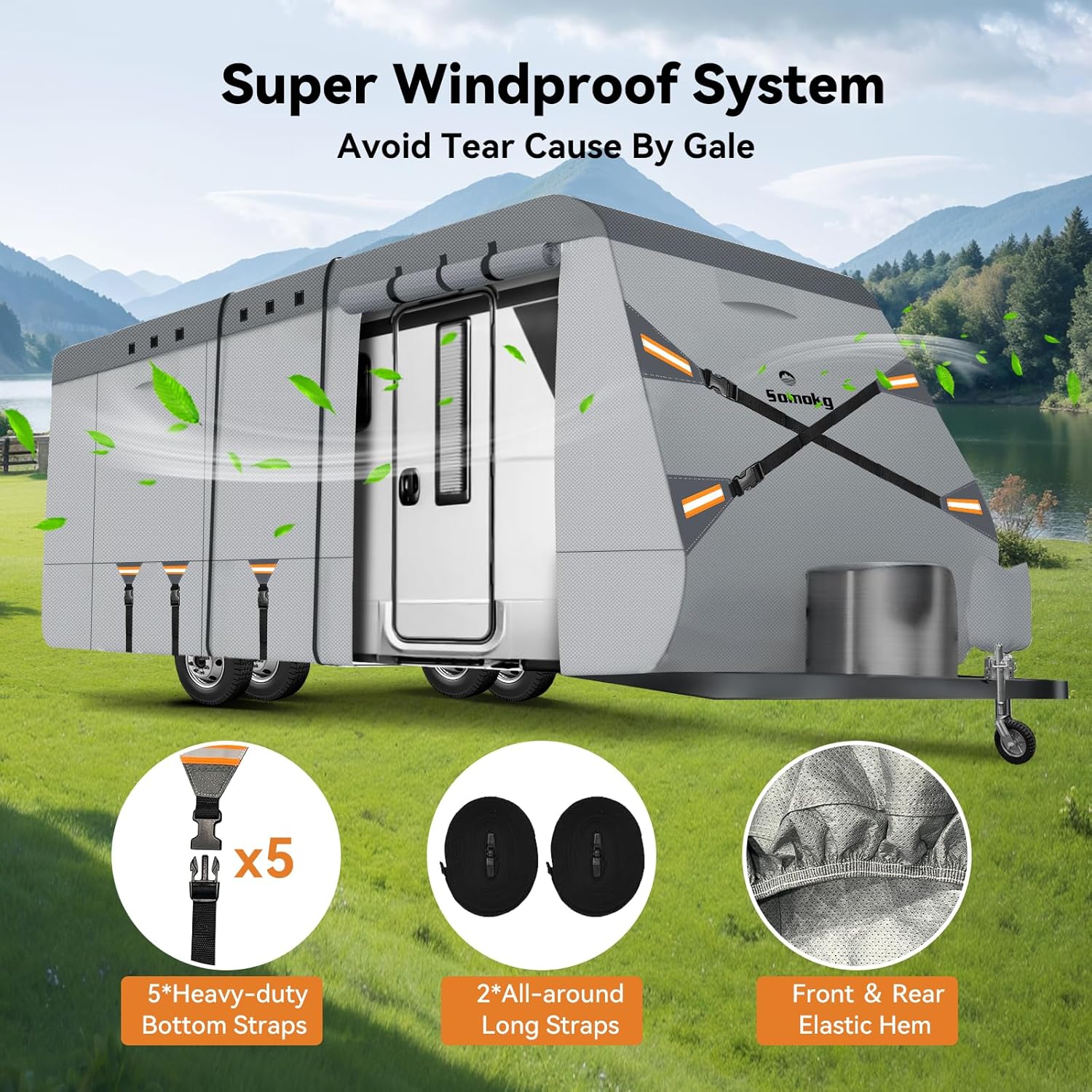 Travel Trailer Cover 27-30 FT, Heavy Duty 7-Layer RV Cover, Rip-Stop Camper Cover, Windproof with 5+2 Straps, UV & Snow Protection, Fits Rooftop A/C