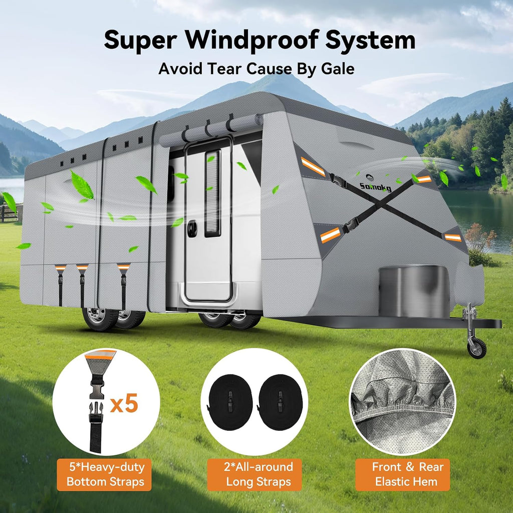 Travel Trailer Cover 30-33 FT, Heavy Duty 7-Layer RV Cover, Rip-Stop Camper Cover, Windproof with 5+2 Straps, UV & Snow Protection, Fits Rooftop A/C