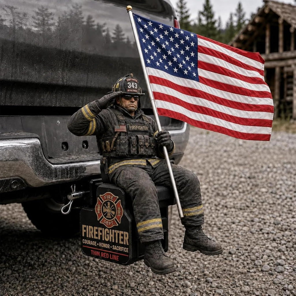 Firefighter Thin Red Line Tribute Trailer Hitch Cover,New Hitch Cover with Saluting Firefighter & American Flag, Fits 1.25" & 2" Hitch Receivers for Pickup,SUVs,Trucks,Jeeps (2 Inch Tube)