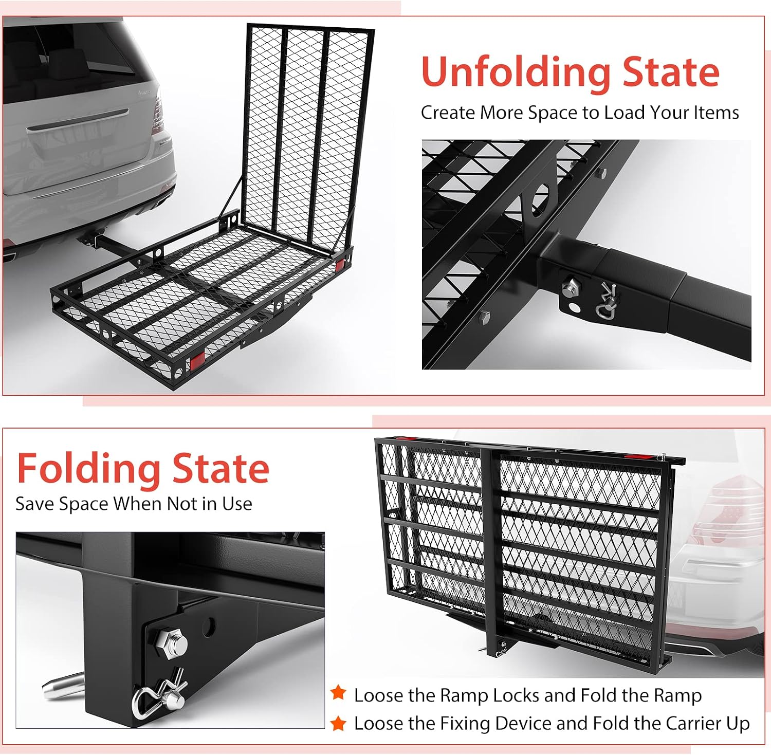 Goplus Mobility Scooter Carrier, 50” x 29.5” Folding Wheelchair Carrier for Car with 42” Ramp, Stabilizer & 2 Tie Down Straps, 500 LBS, Fit 2" Hitch Receiver, Hitch Cargo Carrier for SUV Car