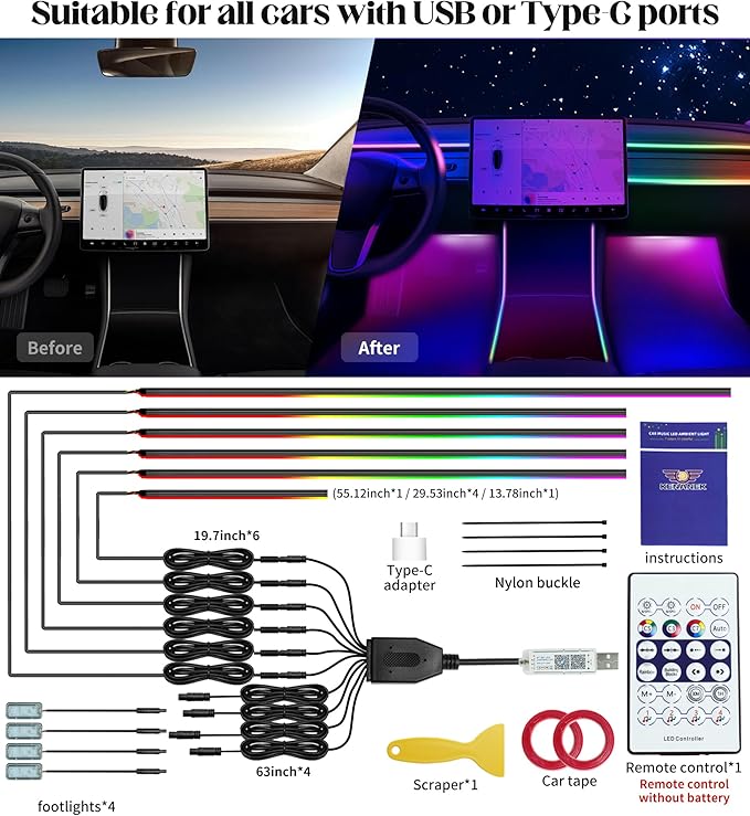KENANEK Acrylic Interior Car LED Strip, 10 in 1 USB/Type C Interface Colorful - Image 3