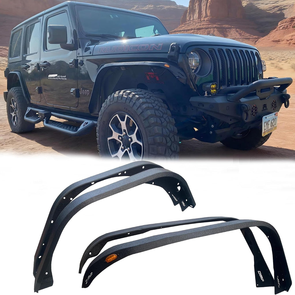OMP Offroad Steel Fender Flares Compatible for Jeep Wrangler (JL/JLU 2018-2026) | Desert Viper Blade Design –No-Drill Bolt-On | Crawling Moab Rocks (4" No Inner Liners)