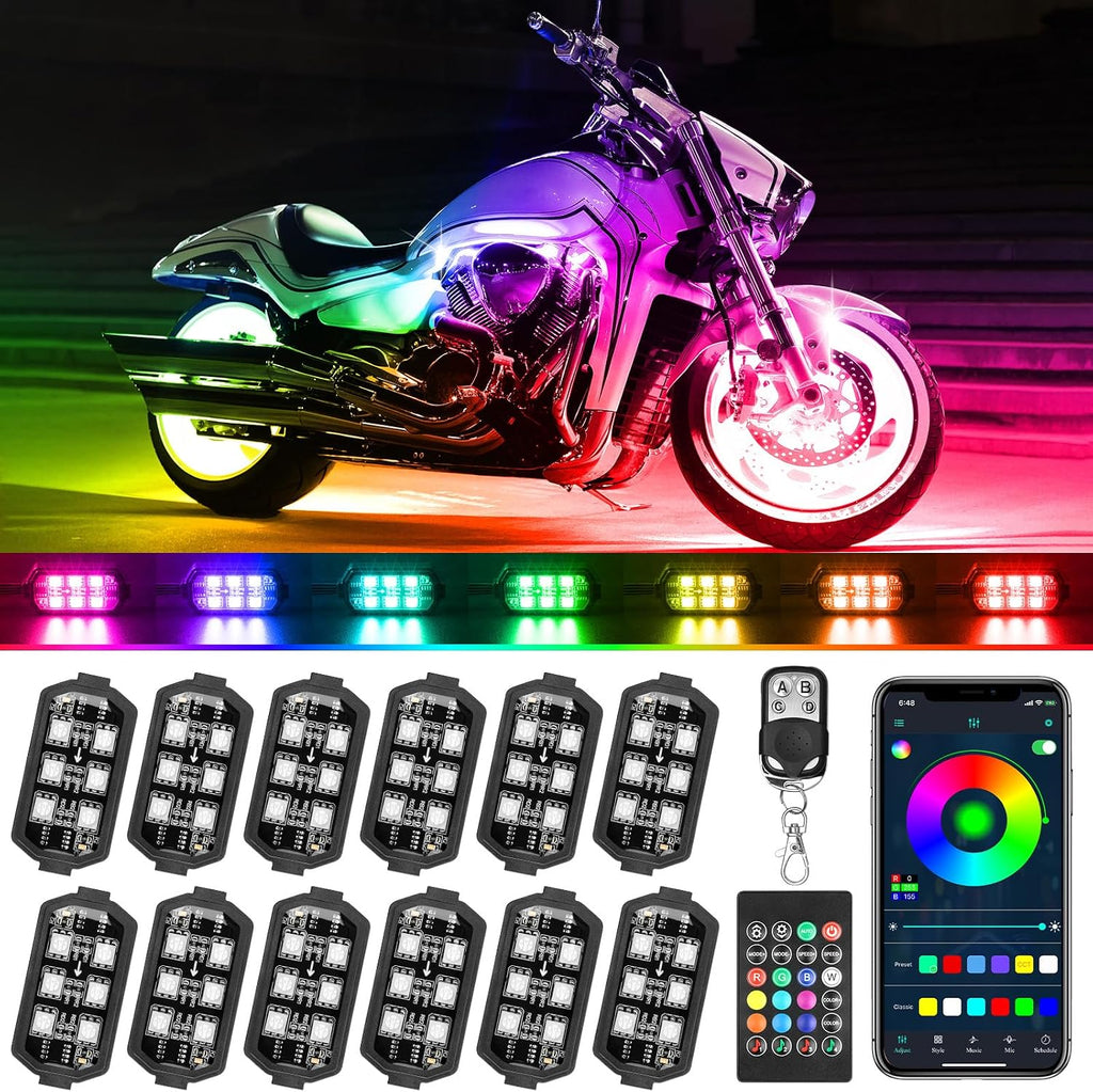Motorcycle LED Underglow Kit, ICICAR 12 Pcs APP Control RGB Chasing Mode 16 Million Color Dual Remote Music Mode IP68 Waterproof Led Lights, Motorcycle Lights with Power Switch