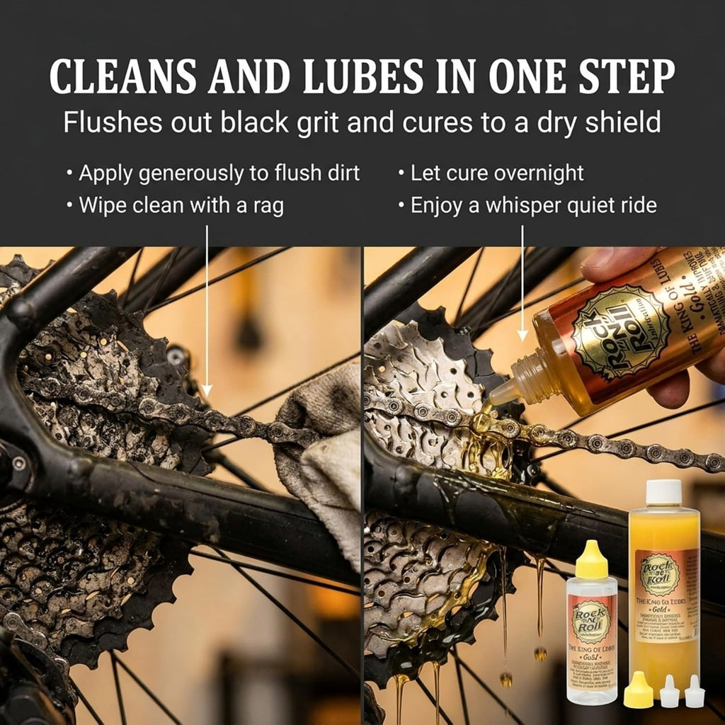 rock n roll bike lubricant application kit, gold shown in use