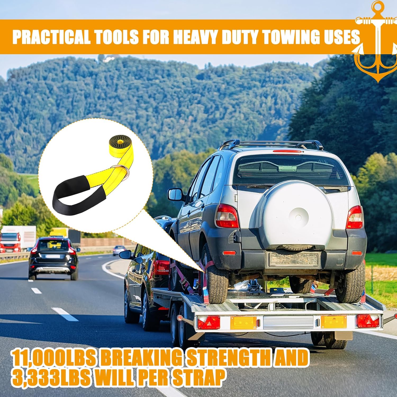 4 Pack 2" x 8ft Lasso Tow Truck Straps with D Ring 11, 000 Lbs Break Strength D Ring Auto Tie Down Wheel Lift Trailer Strap for Hauling Utv SUV Wrecker Rollback (Yellow)
