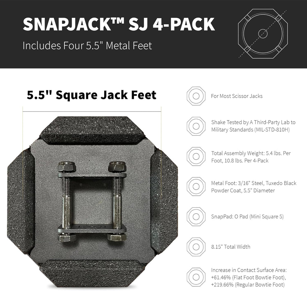 SnapPad SnapJack™ SJ (Pack of 4) | Two-Point Trailer Jack Stands Featuring 5.5" Metal Foot | Adds 61% Additional Surface Area, 3.79 lbs. Per Pad & 7.25" Total Width | Must-Have RV Accessories