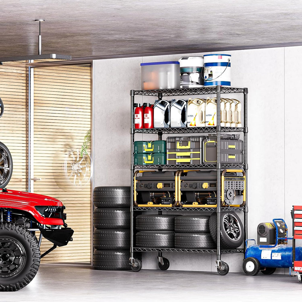 5-Tier Adjustable Heavy Duty Steel Wire Shelving Unit with Wheels, Storage Ra...