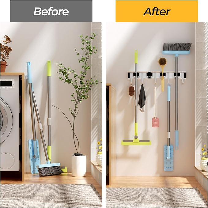 Broom Holder Wall Mount, 4 Star Roller Clips & 5 Extra Long Hooks, Thickened - Image 5