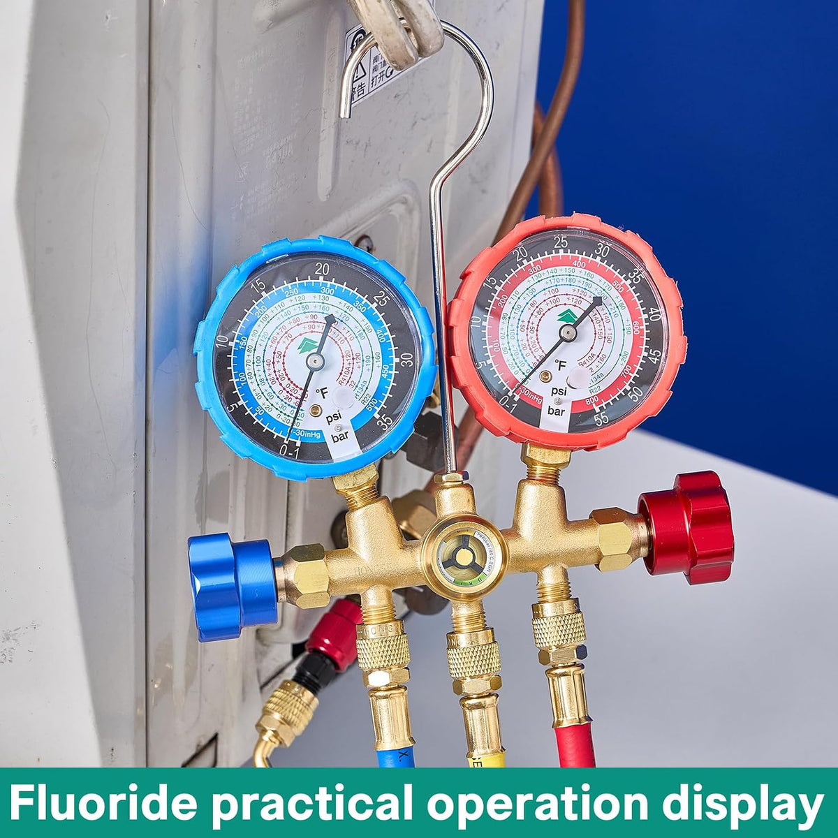hvac manifold gauge set with brass body and, front angle view