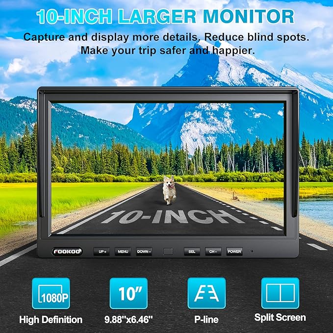 Fookoo HD 10" Wireless Backup Camera System, 1080P 10-inch Quad Split Monitor - Image 2