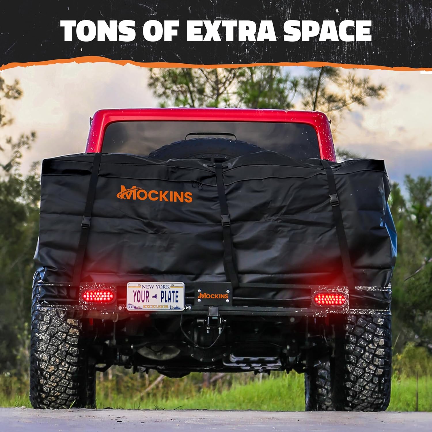 Mockins 72"x36"x6" XXL Folding Trailer Hitch Cargo Carrier w/ 500 Lbs Cap | W/ 50 CuFt Waterproof Cargo Bag for Hitch Carrier | Luggage Rack for SUV Car & Truck w/ Lights, License Plate Holder & More