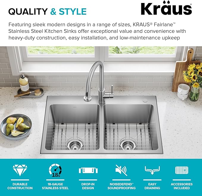 KRAUS Fairlane 33-inch Drop In/Top Mount Double Bowl 18-Gauge Stainless Steel - Image 5