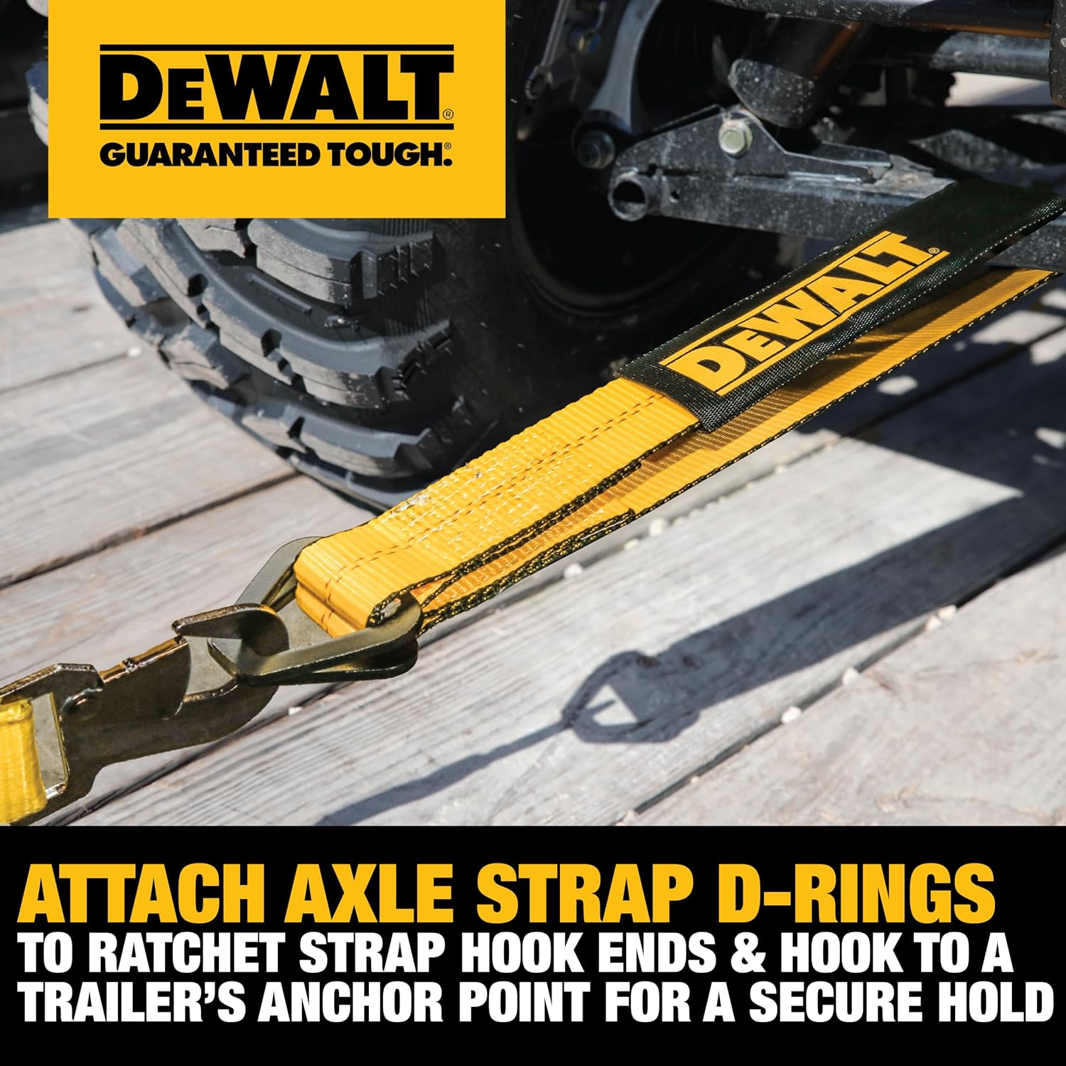 DEWALT DXBC80005 Black/Yellow 2" x 38" Premium Axle Tie Down Strap Kit (12,000 lb Break Strength) - Heavy Duty Protective for Truck, Trailer, ATV, UTV (Pack of 16)