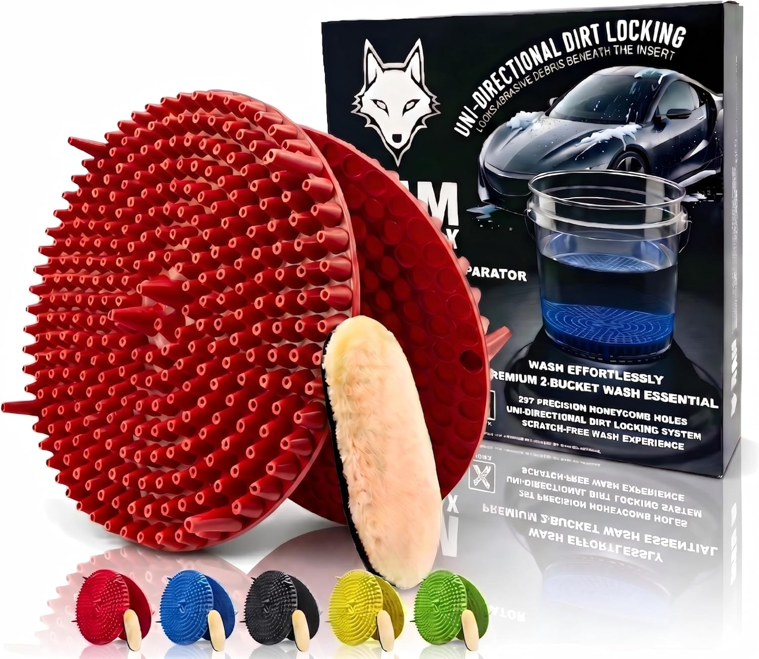 10.4" Heavy Duty Car Wash Bucket Insert (2-Pack) & Wash Mitt Kit - 10.6 oz Detailing Dirt Separator & Grit Trap, Scratch-Free Auto Wash, Fits 3.5 to 5 Gallon Buckets (Red Kit)